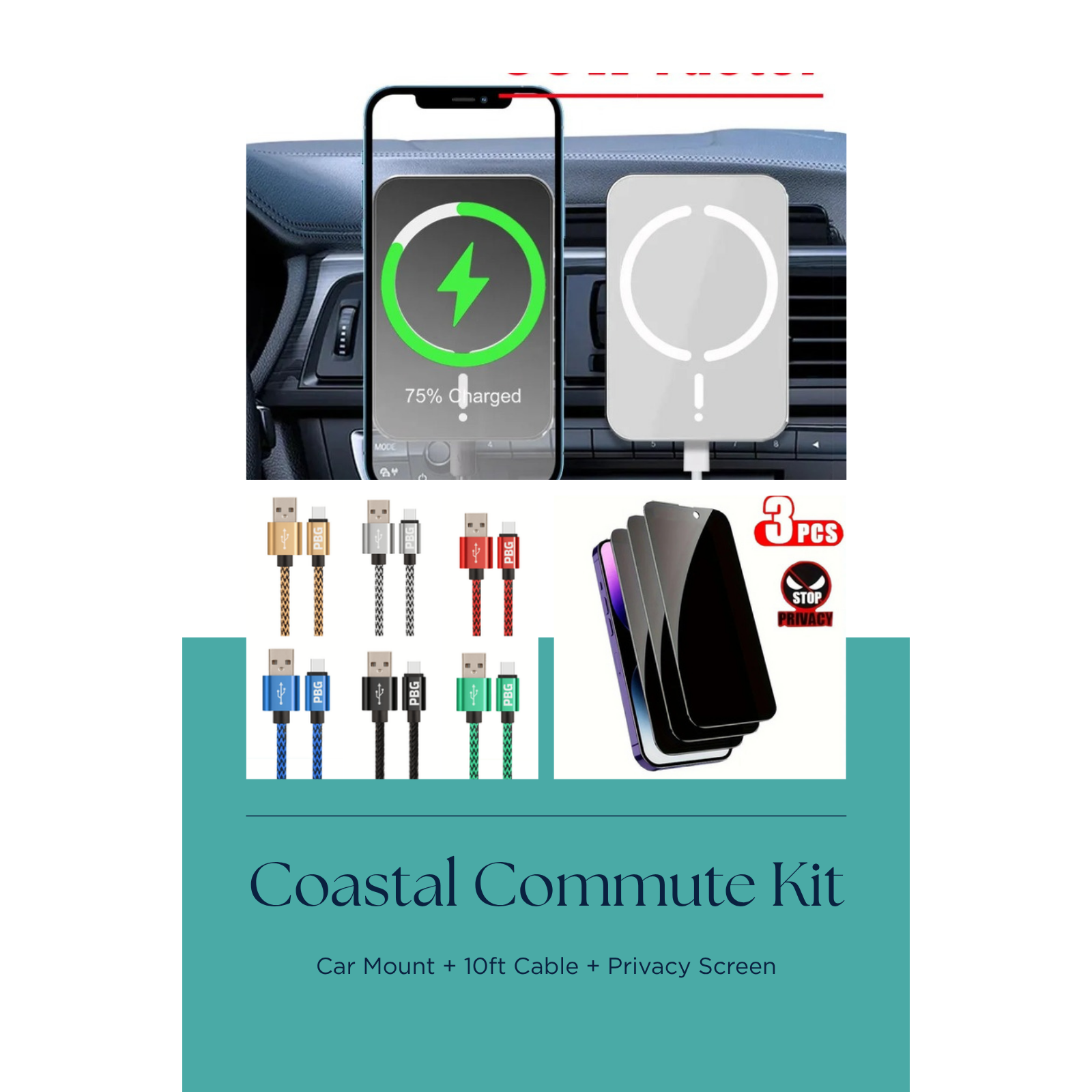 Coastal Commute Kit — MagSafe Car Mount + 10ft Cable + Privacy Screen 3-Pack