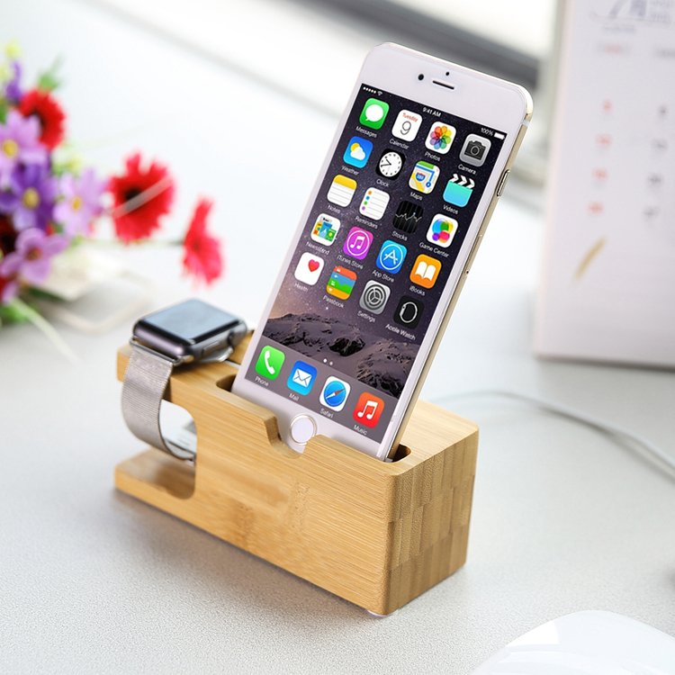 Bamboo Charging Dock — Apple Watch & iPhone Holder, Natural Wood