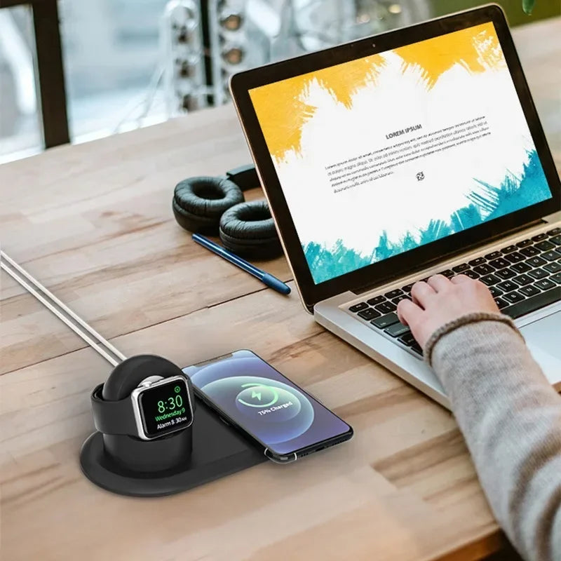 3-in-1 Silicone Charging Stand — iPhone, Apple Watch & MagSafe Dock