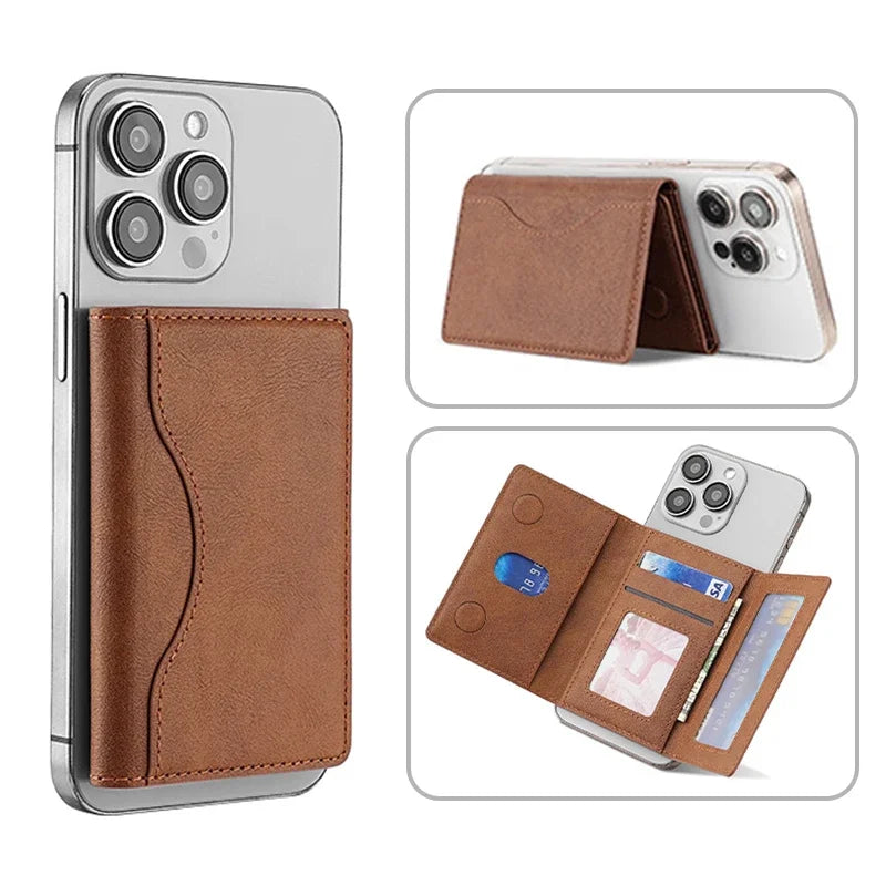 Trifold Magnetic Phone Wallet PU Leather Card Bag Magsafe Card Holder