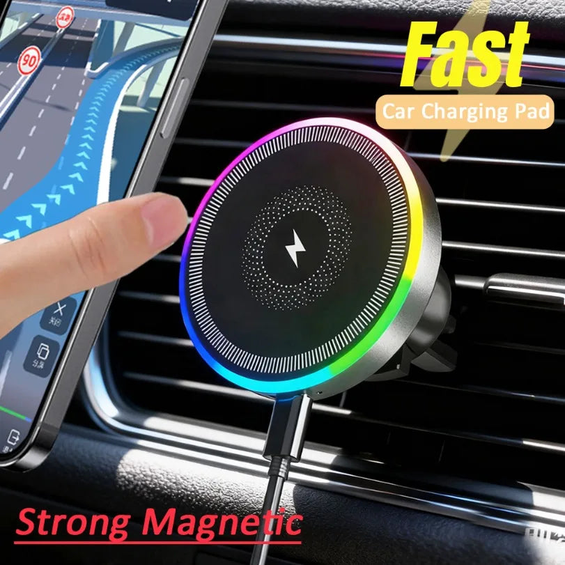 RGB Light Car Magnetic Phone Holder Air Vent Stand Wireless Charger