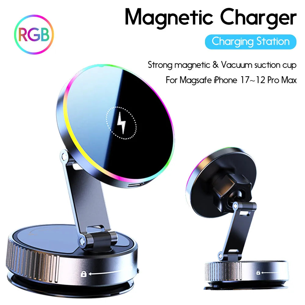 MagSafe Car Mount — 15W Wireless Charger with RGB & Vacuum Grip