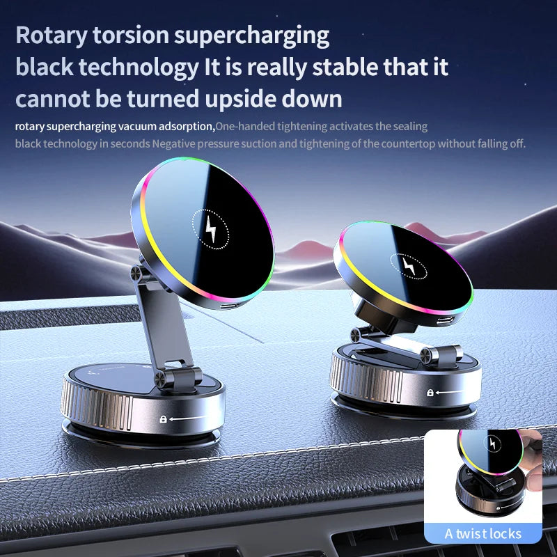 MagSafe Car Mount — 15W Wireless Charger with RGB & Vacuum Grip